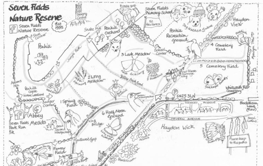 Artist impression of Seven Fields Nature Reserve in the style of hand drawn black and white map