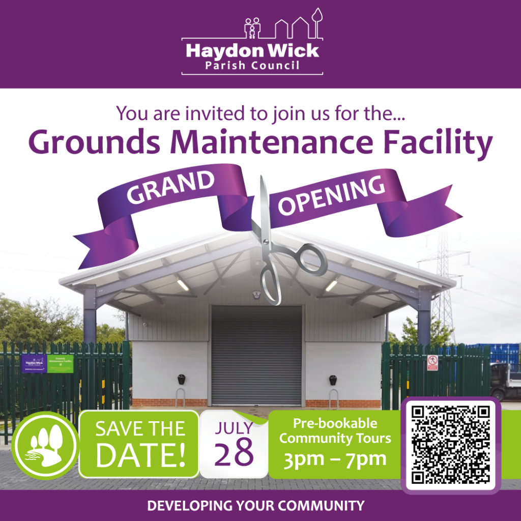 The image shows a poster inviting residents to book tours for the opening to view the Grounds Maintenance Facility