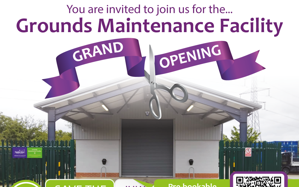The image shows a poster inviting residents to book tours for the opening to view the Grounds Maintenance Facility