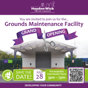 The image shows a poster inviting residents to book tours for the opening to view the Grounds Maintenance Facility