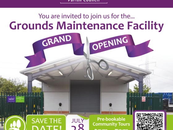 The image shows a poster inviting residents to book tours for the opening to view the Grounds Maintenance Facility